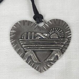 Vintage Marcie USA Pewter Christ is Born Large Heart Pendant Necklace